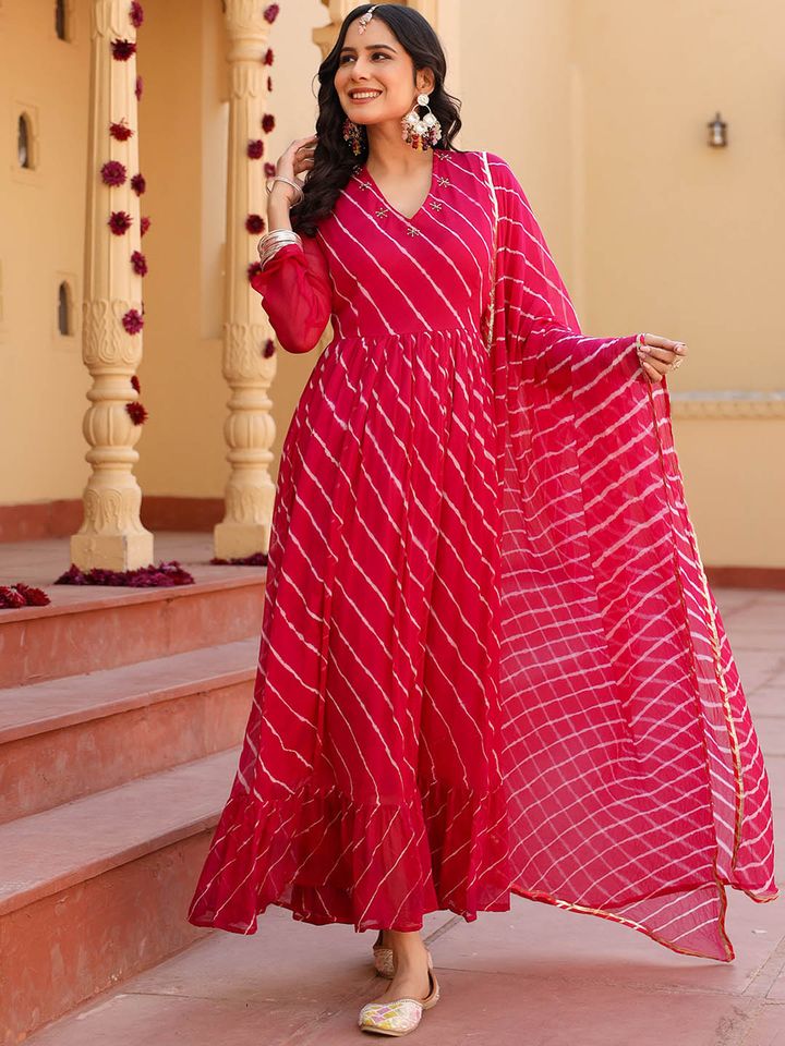 Thread Button Leheriya Printed Anarkali Kurta with Churidar Dupatta