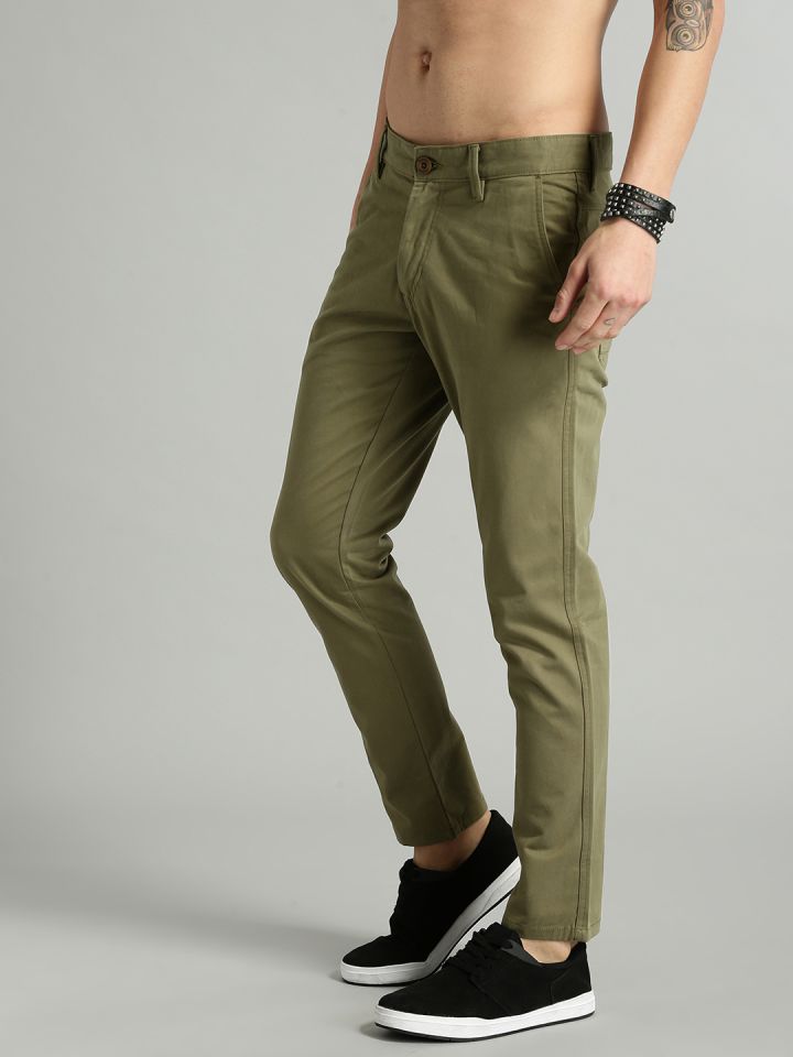 Roadster Men Olive Green Regular Fit Solid Ankle-Length Trousers