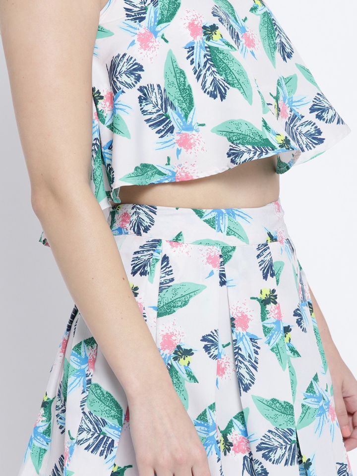 Sera Off White Green Floral Printed Two Piece Dress