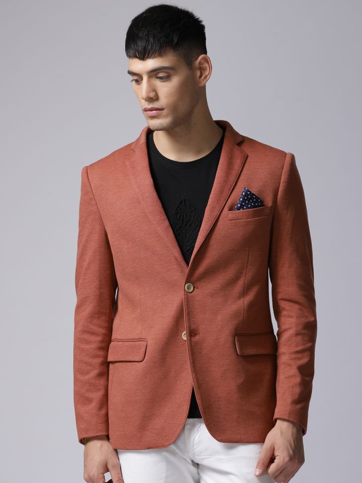 Buy True Blue Rust Red Solid Slim Fit Singe Breasted Casual Blazer