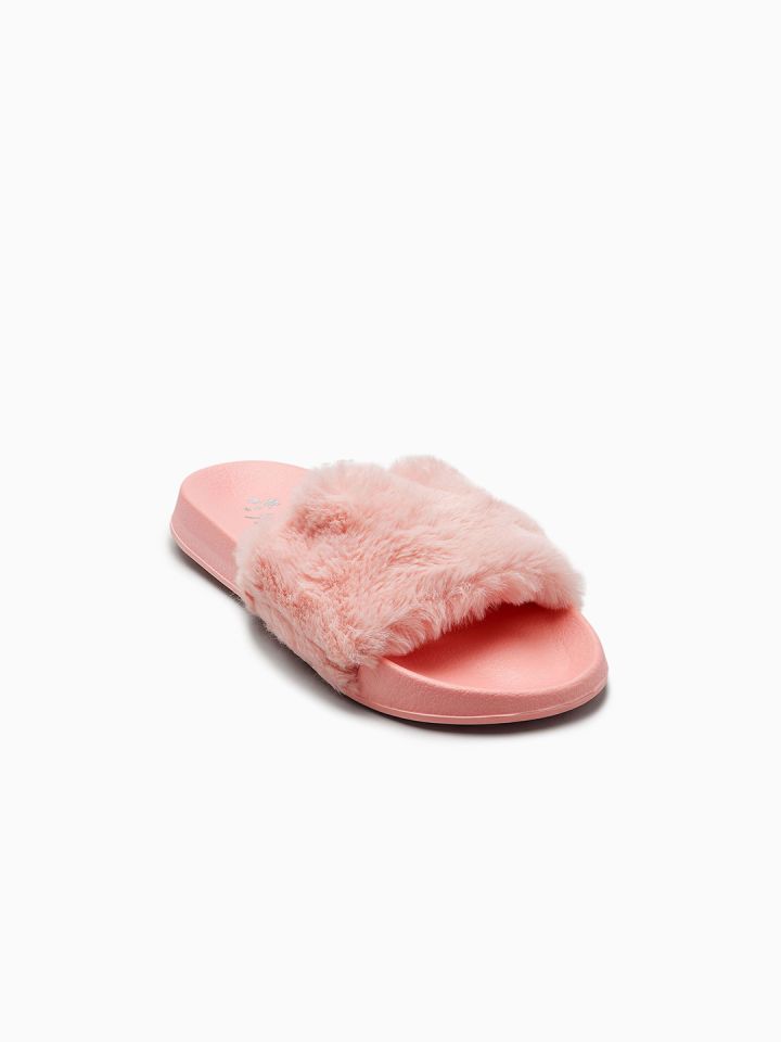 next Girls Pink Solid Faux Fur Flip Flops