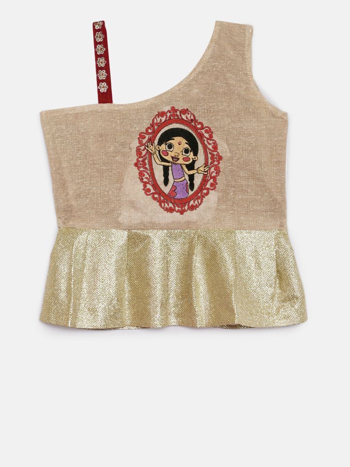 Chhota Bheem Girls Gold Toned Red Embroidered Ready to Wear Lehenga Blouse with Dupatta