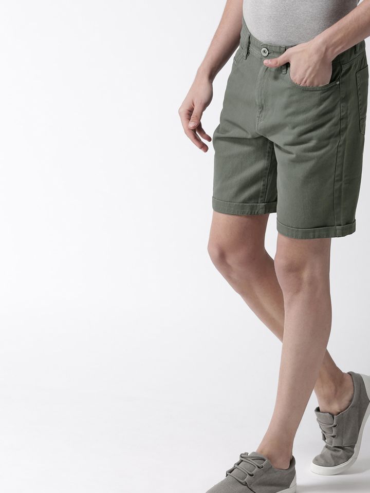 Mast Harbour Men Olive Green Solid Slim Fit Denim Shorts
