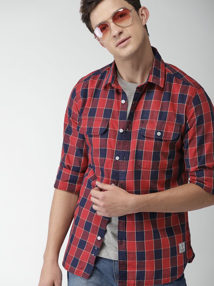 Buy Harvard Men Navy Blue Red Checked Slim Fit Casual Shirt