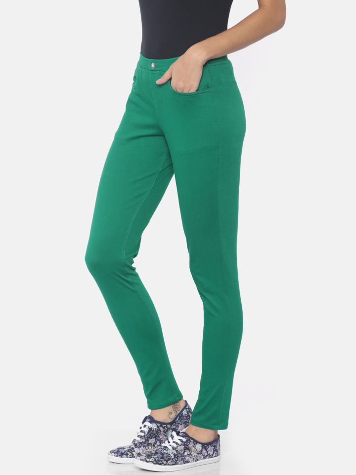 Buy Go Colors Women Green Solid Super Stretch Ankle-Length