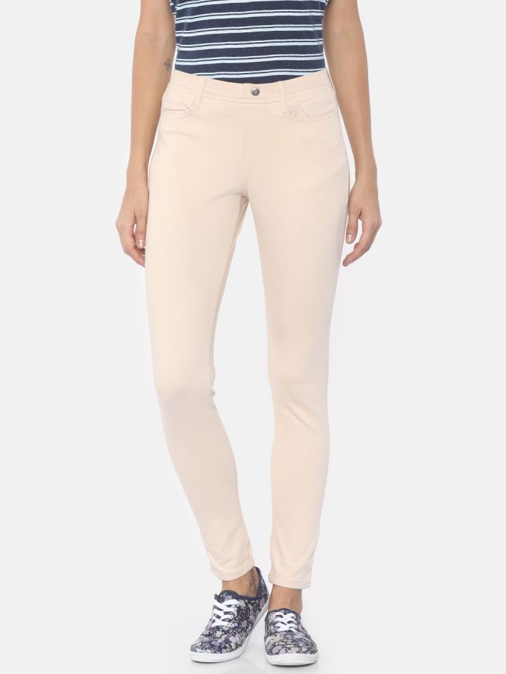 Go Colors Beige Solid Super Stretch Jeggings