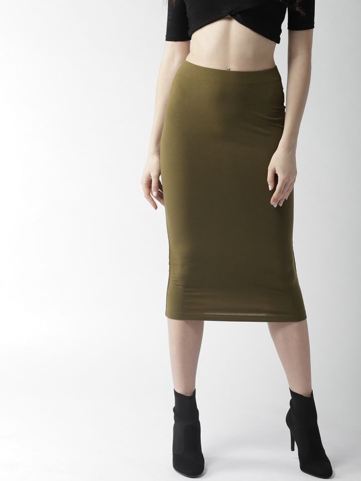 olive green midi pencil skirt