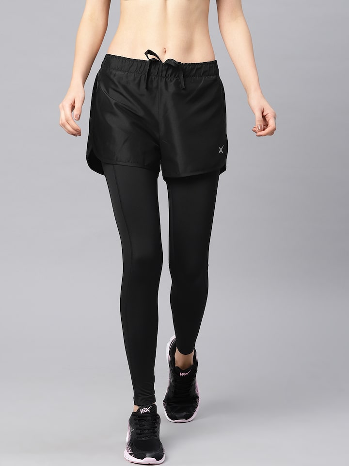 Buy HRX By Hrithik Roshan Women Black Solid Slim Fit Sports Shorts With  Attached Tights - Shorts for Women 4289663