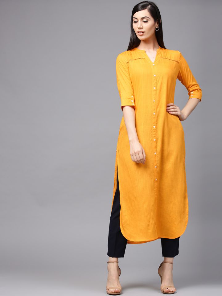 Aks women mustard solid straight clearance kurta