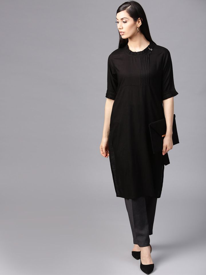 Aks women black solid straight kurta store