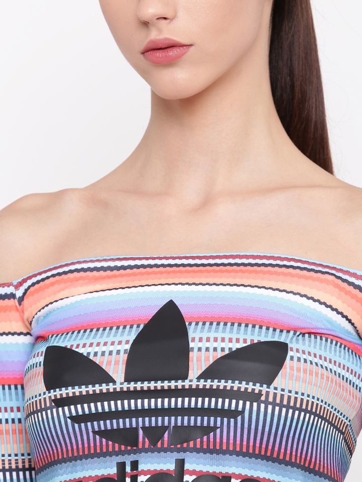 ADIDAS Originals Multicoloured Off Shoulder Striped Crop Top