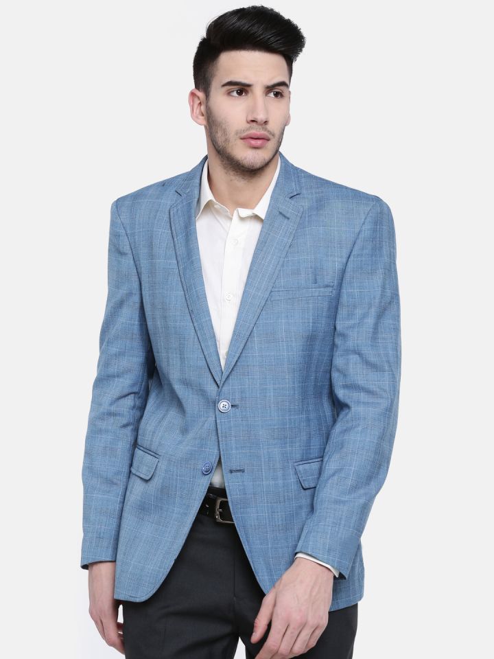 Oxemberg Men Blue Checked Modern Fit Single Breasted Formal Blazer