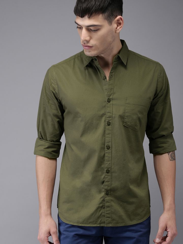 Buy Here Now Men Olive Green Regular Fit Solid Casual Shirt Shirts For Men 4328861 Myntra