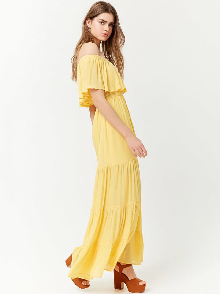 FOREVER 21 Women Yellow Solid Off Shoulder Maxi Dress