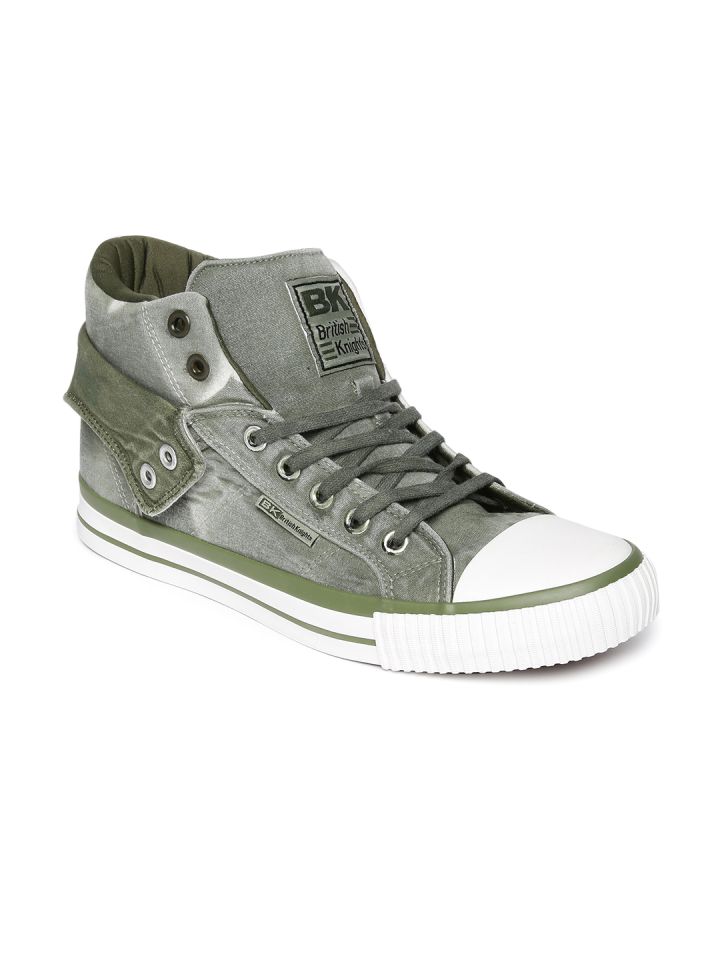 BRITISH KNIGHTS Men Olive Green Washed Canvas Mid Top Sneakers