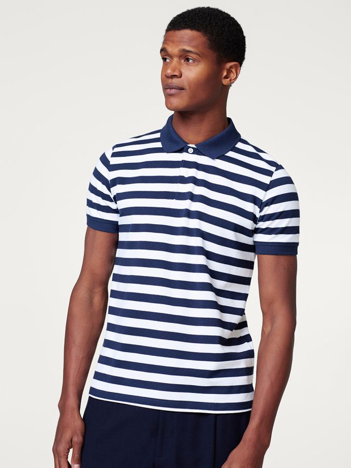 Buy ESPRIT Men Navy Blue White Striped Polo Collar T Shirt