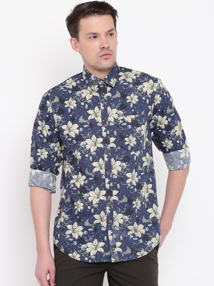 Men Navy Blue Slim Fit Floral Print 
