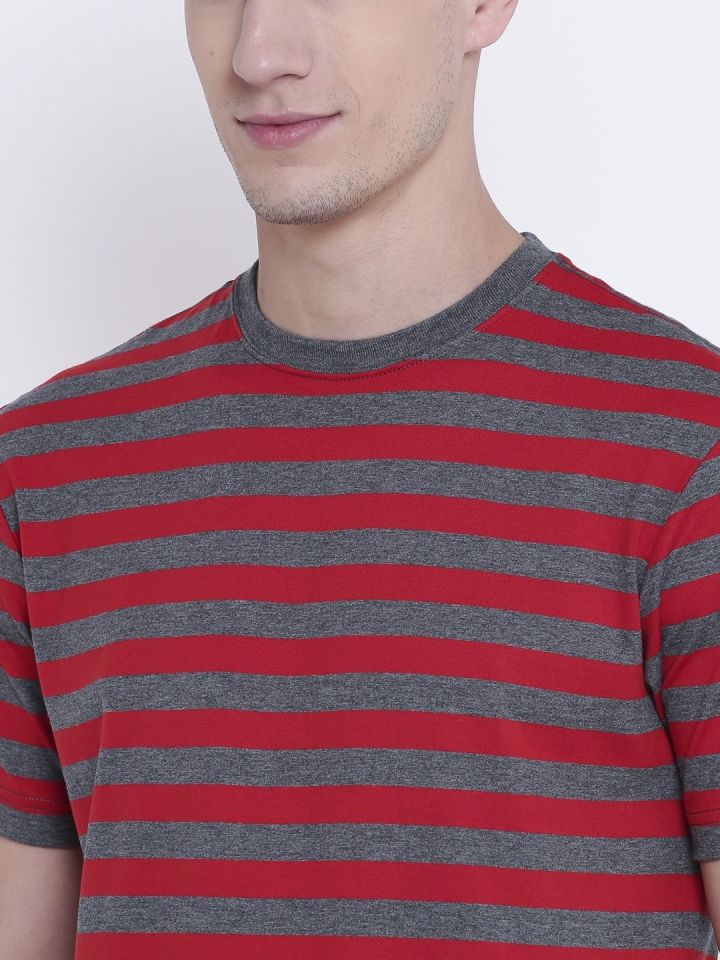 Jockey Men Red Grey Melange Striped Round Neck T shirt