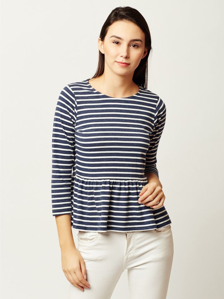 Blue and white striped peplum top cheap