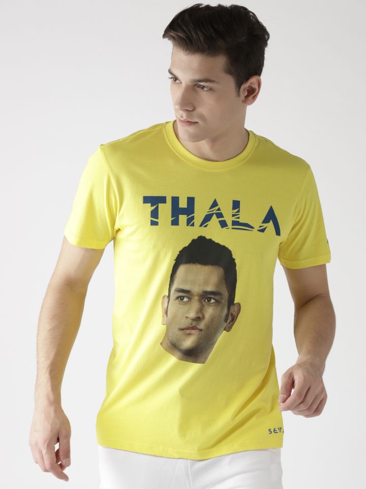 Buy SEVEN By MS Dhoni Men Yellow Printed Round Neck T Shirt
