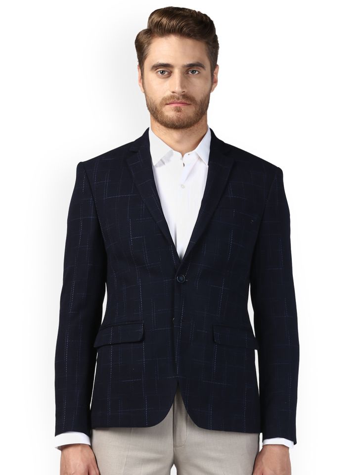 Buy Park Avenue Navy Blue Checked Single Breasted Blazer Blazers