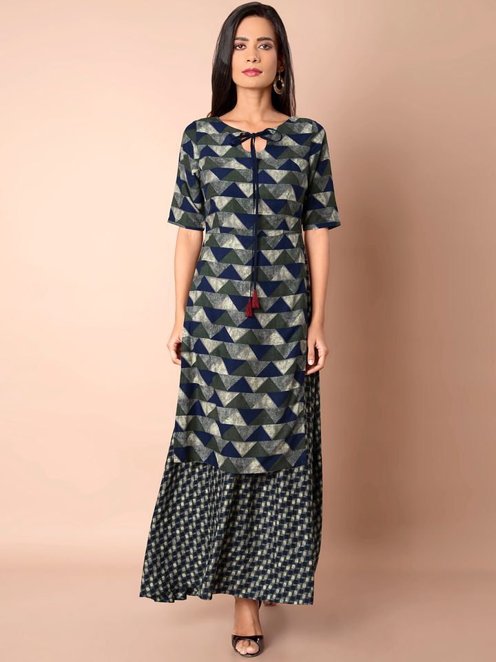 Buy Indya Women Olive Green Blue Printed Straight Kurta With Attached Skirt Kurtas For Women 4448070 Myntra Shop latest collection of kurtas & tunics for women with cod and easy return at indya.