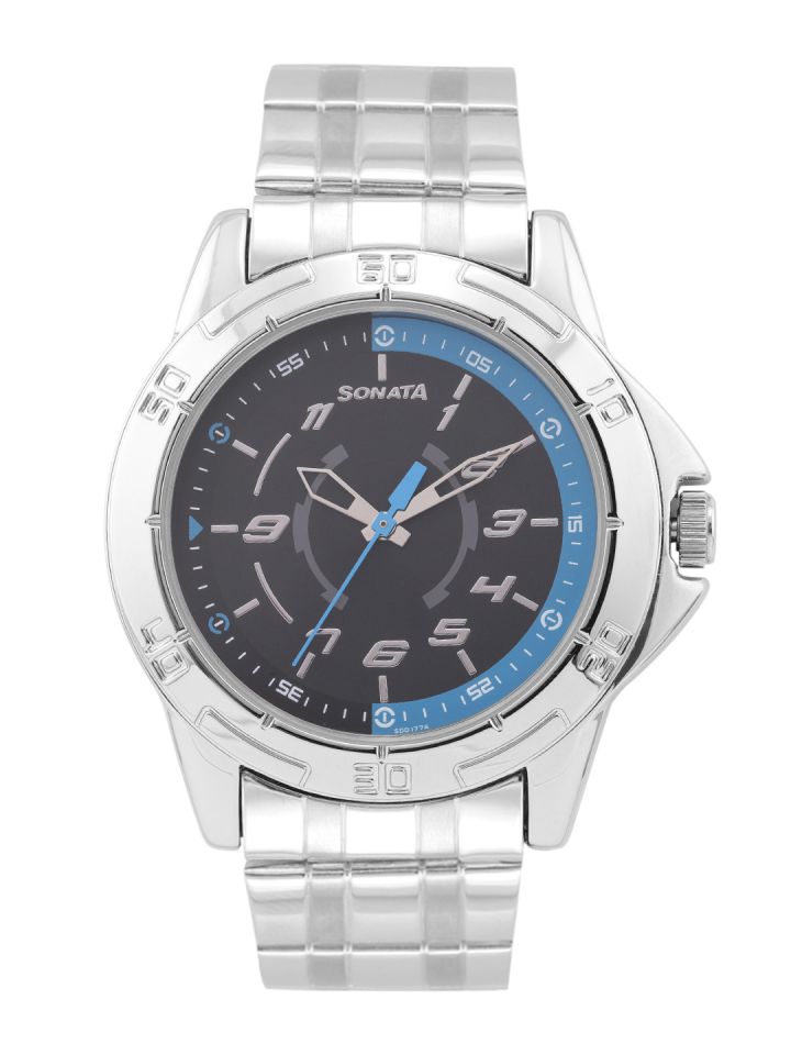Buy Sonata Men Black Brass Dial Silver Toned Stainless Steel