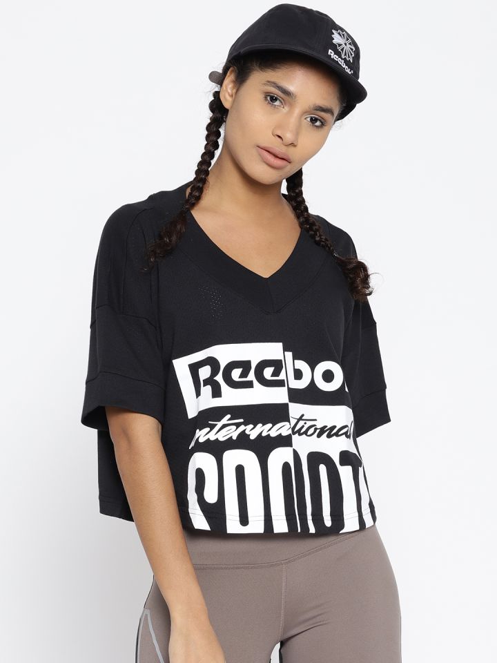 Reebok Classic Black White Lost Found Printed Cropped Boxy T shirt