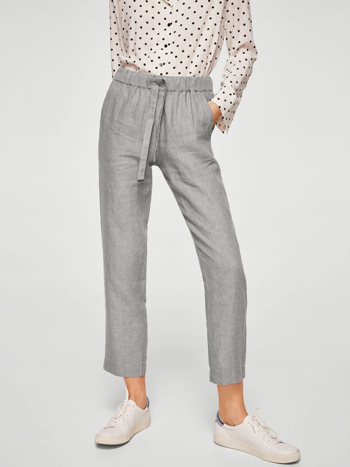 MANGO Women Grey Regular Fit Solid Linen Trousers