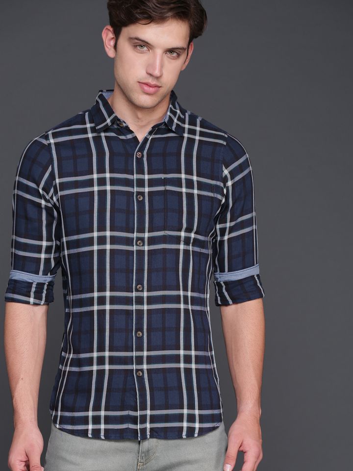 WROGN Men Navy Blue Checked Casual Hooded Shirt (39) by Myntra