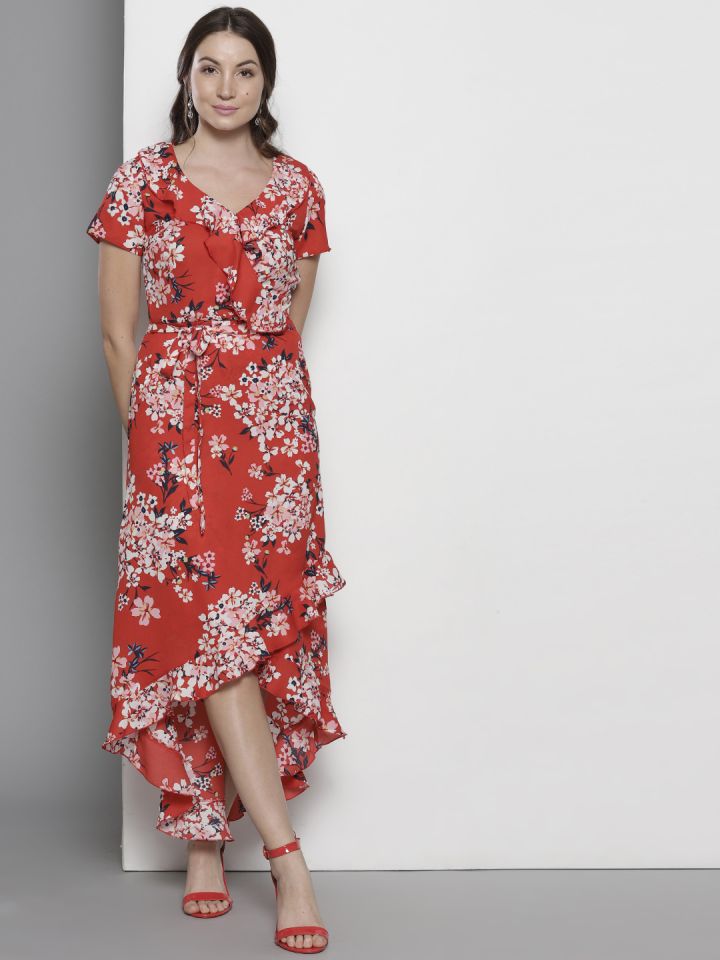 Buy DOROTHY PERKINS Women Coral Red Floral Print Belted