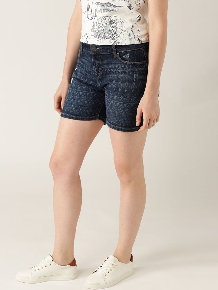 Buy ESPRIT Women Navy Blue Printed Regular Fit Denim Shorts