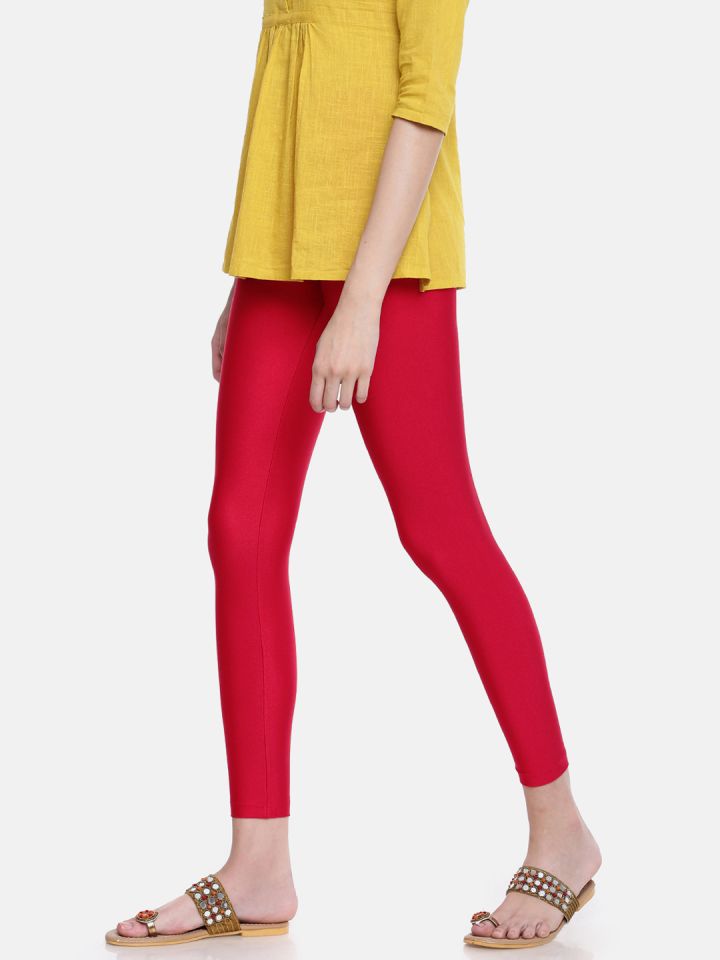 Go Colors Women Red Solid Skinny Fit Shimmer Ankle-Length Leggings