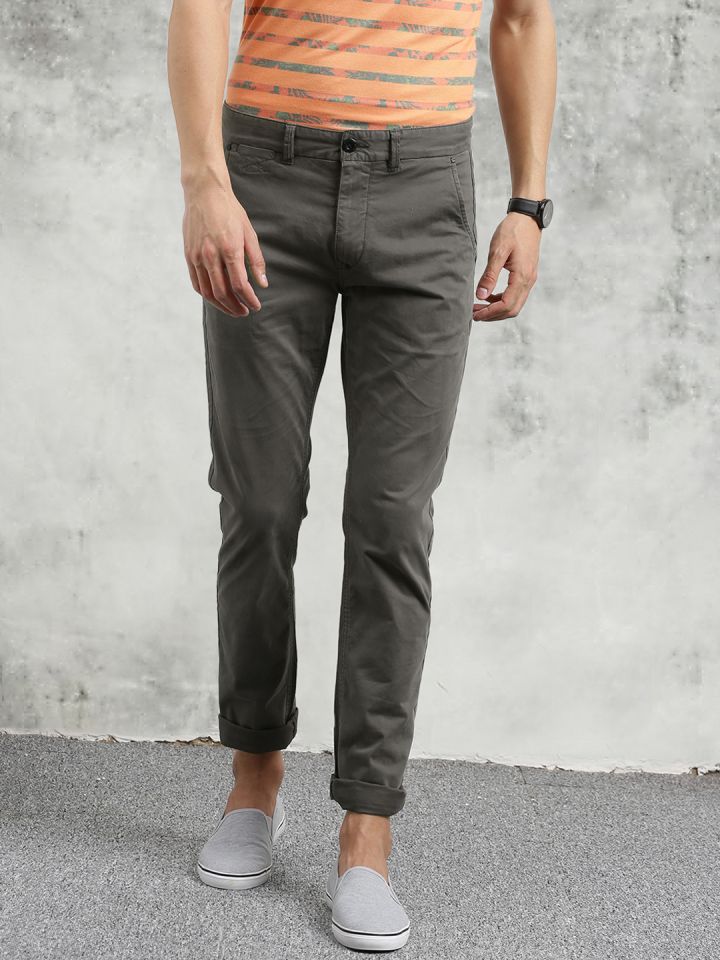Buy Breakbounce Men Grey Slim Fit Solid Chinos Trousers for Men