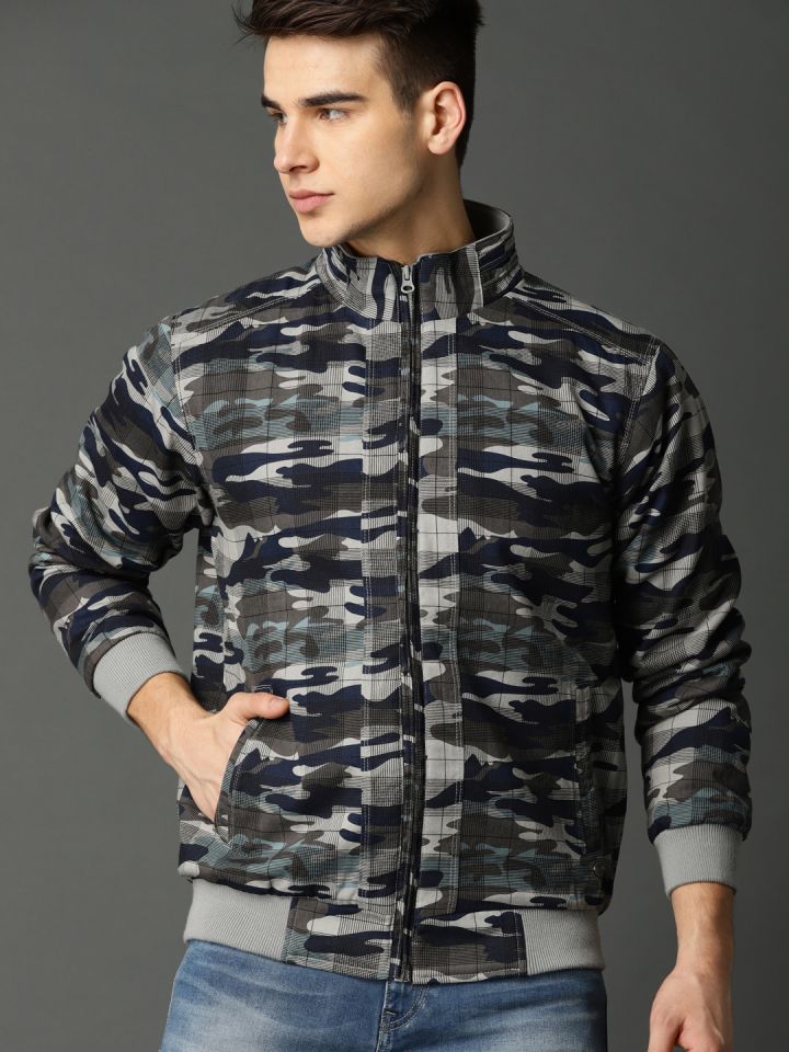 Buy Roadster Men Grey Navy Blue Camouflage Print Bomber Jacket