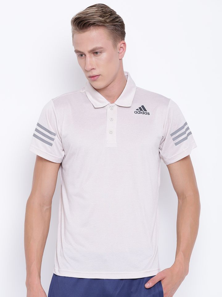 ADIDAS Men Beige Self Striped CLIMACOOL Polo T shirt