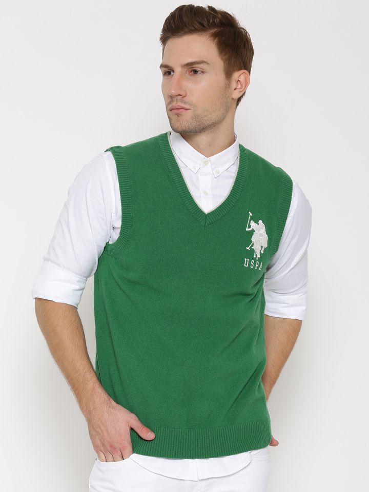 Buy U.S. Polo Assn. Men Green Lambswool Sleeveless Sweater