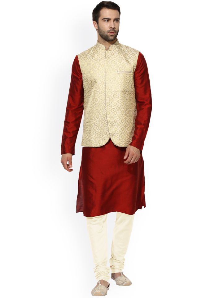 KISAH Men Red Cream Coloured Solid Kurta with Churidar and Waistcoat