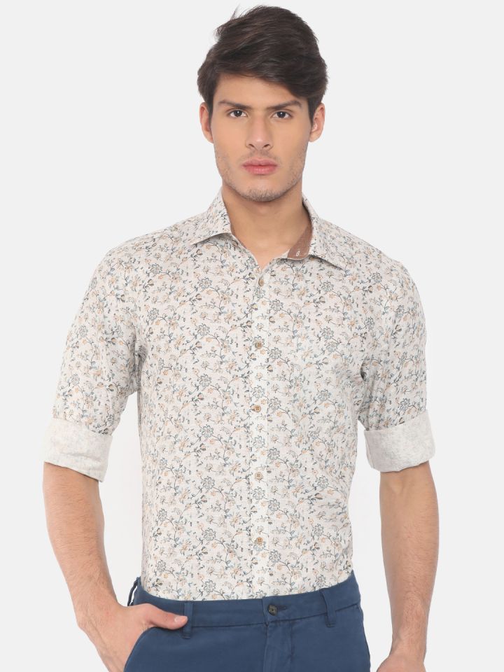Raymond Men Beige Linen Regular Fit Printed Casual Shirt