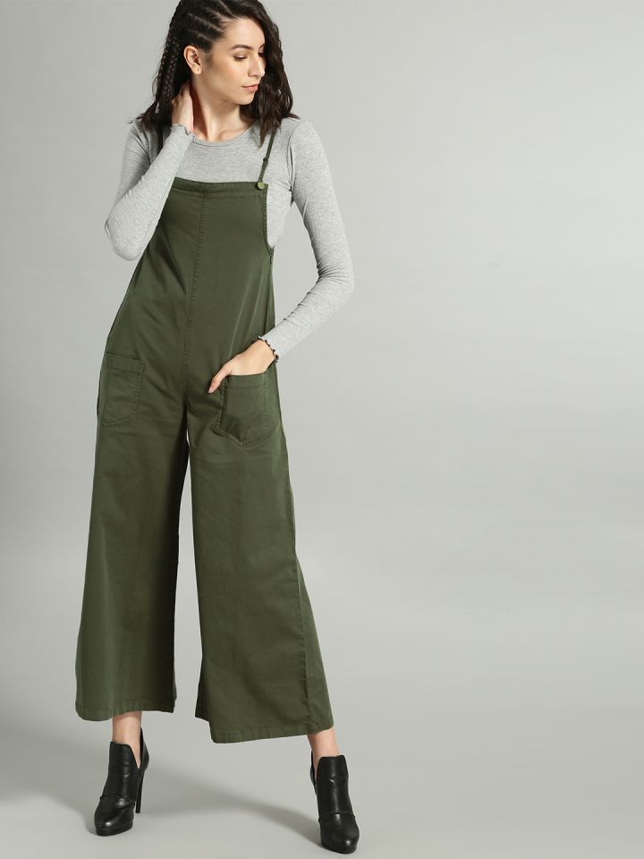 Roadster Women Olive Green Cropped Dungarees