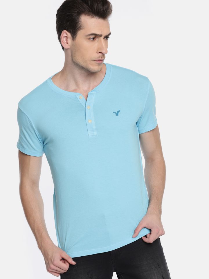 Buy AMERICAN EAGLE OUTFITTERS Men Blue Solid Henley Neck T Shirt