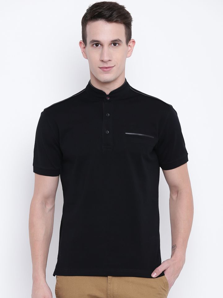 Wills Lifestyle Men Black Solid Mandarin Collar T shirt