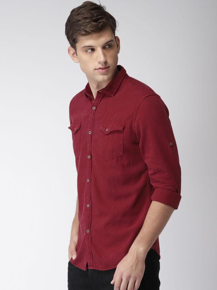 maroon denim shirt