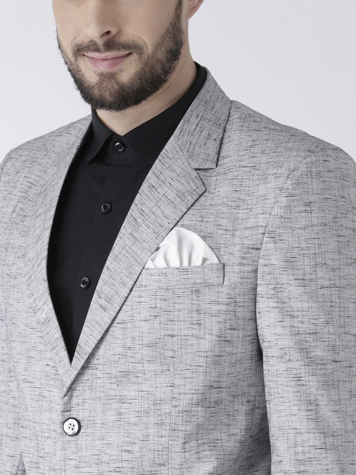 Hangup Men Grey Self Design Linen Blazer