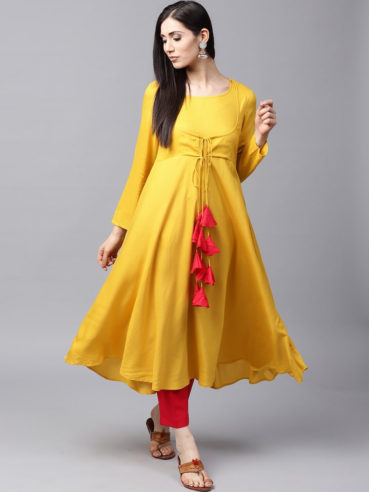 Details about   Casual Wear Indian Mustard Yellow Printed Dress Anarkali Kurta Straight 