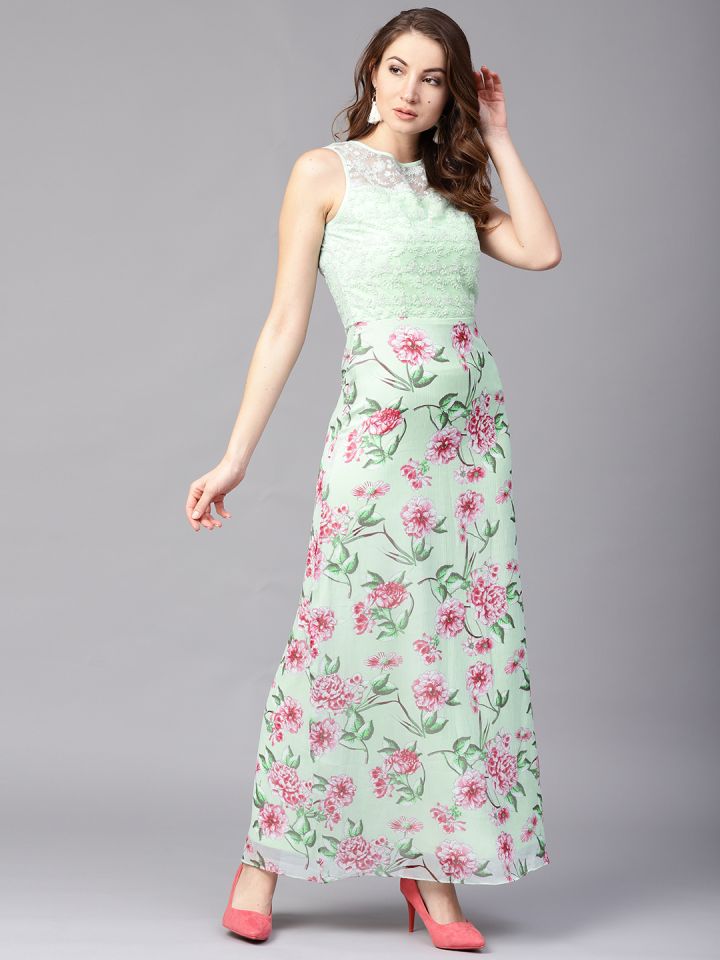 Athena Women Sea Green Floral Print Lace Detail Maxi Dress
