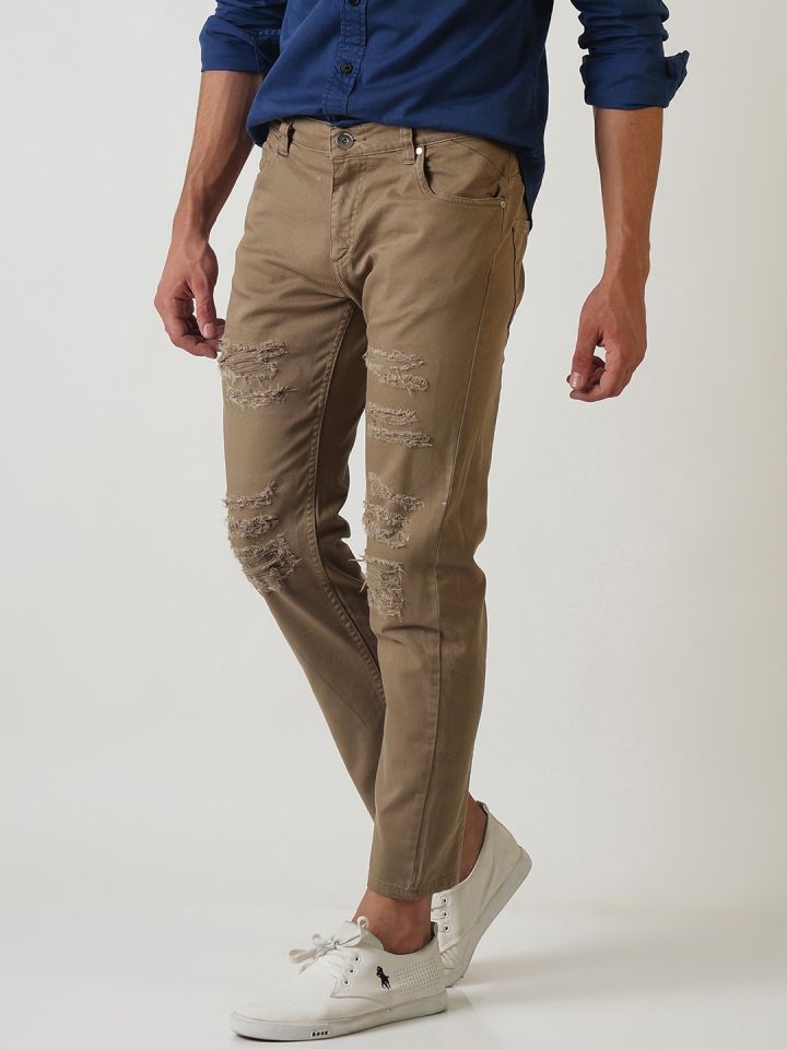 SHELTR Men Khaki Slim Fit Mid Rise Highly Distressed Stretchable Jeans