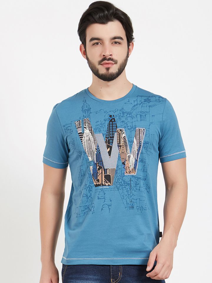 Buy FRITZBERG Men Blue Printed Round Neck T Shirt Tshirts for