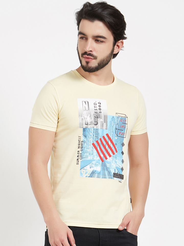 Buy FRITZBERG Men Yellow Printed Round Neck T Shirt Tshirts