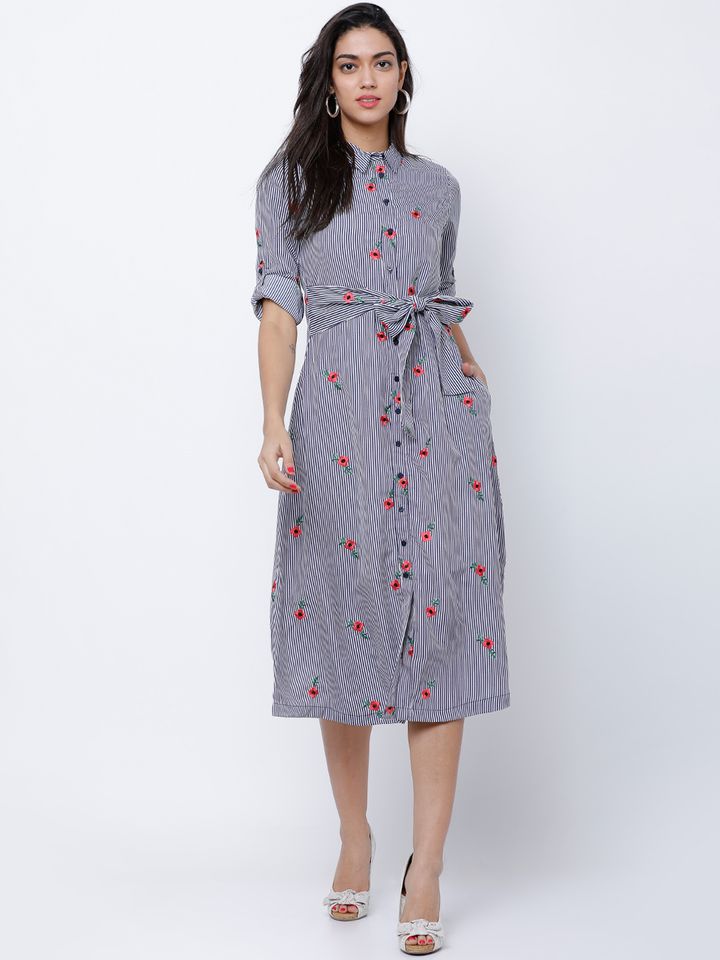 tokyo talkies navy blue printed shirt dress